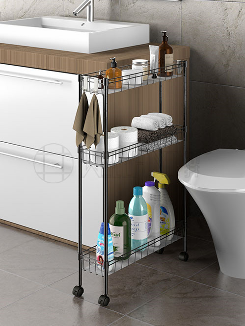 金屬多層可移動(dòng)夾縫收納置物架 黑色網(wǎng)籃小推車（2）