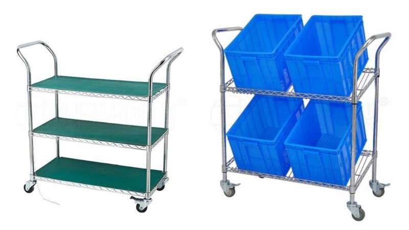 鍍鉻貨架手推車 多層金屬網格揀貨車 層距可調