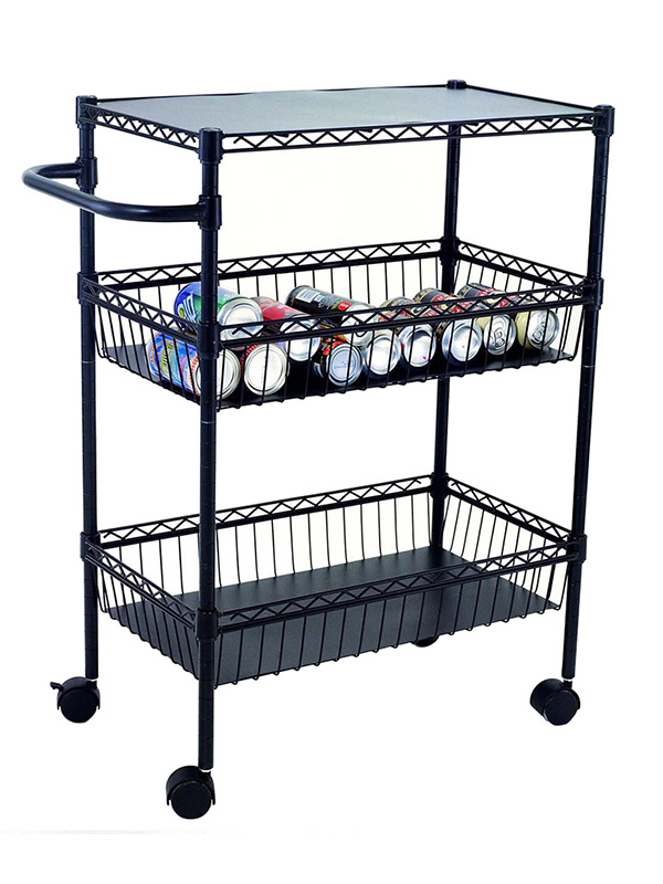 烤漆黑色三層廚房小餐車_網籃手推車_置物收納車