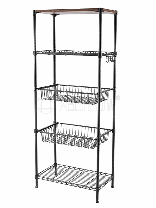 金屬碳鋼落地置物架-抽屜網籃收納架帶側掛鉤（1）