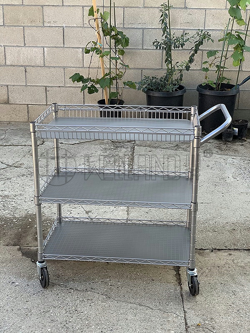 出口德國-三層電子車間物料周轉(zhuǎn)車-金屬線網(wǎng)鍍鉻小車-案例分享-川井